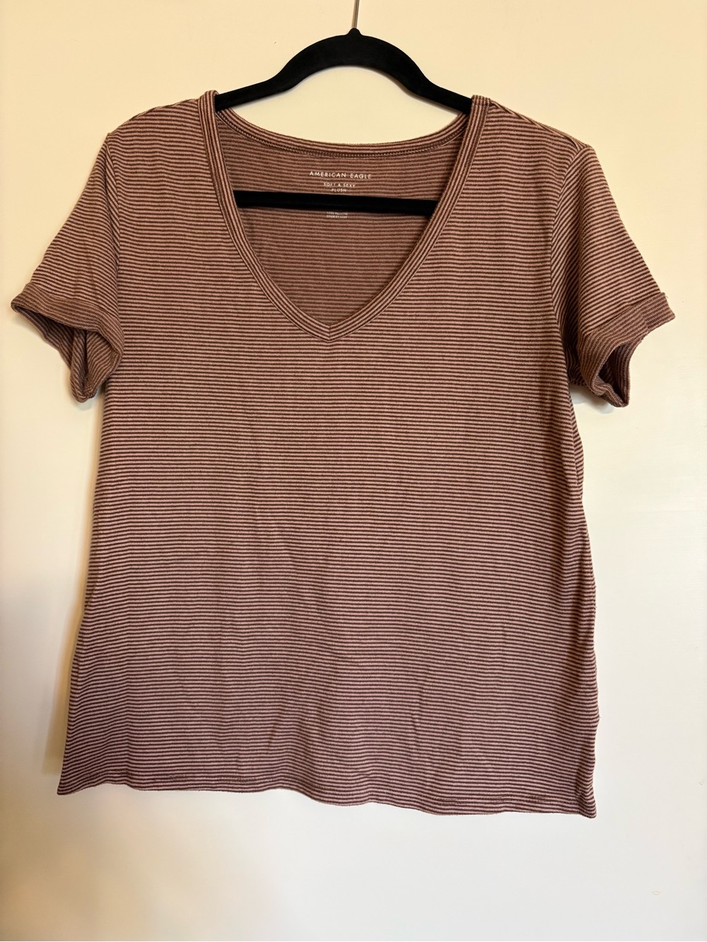 American Eagle Outfitters Women’s Pink and Brown Striped V-Neck Tee